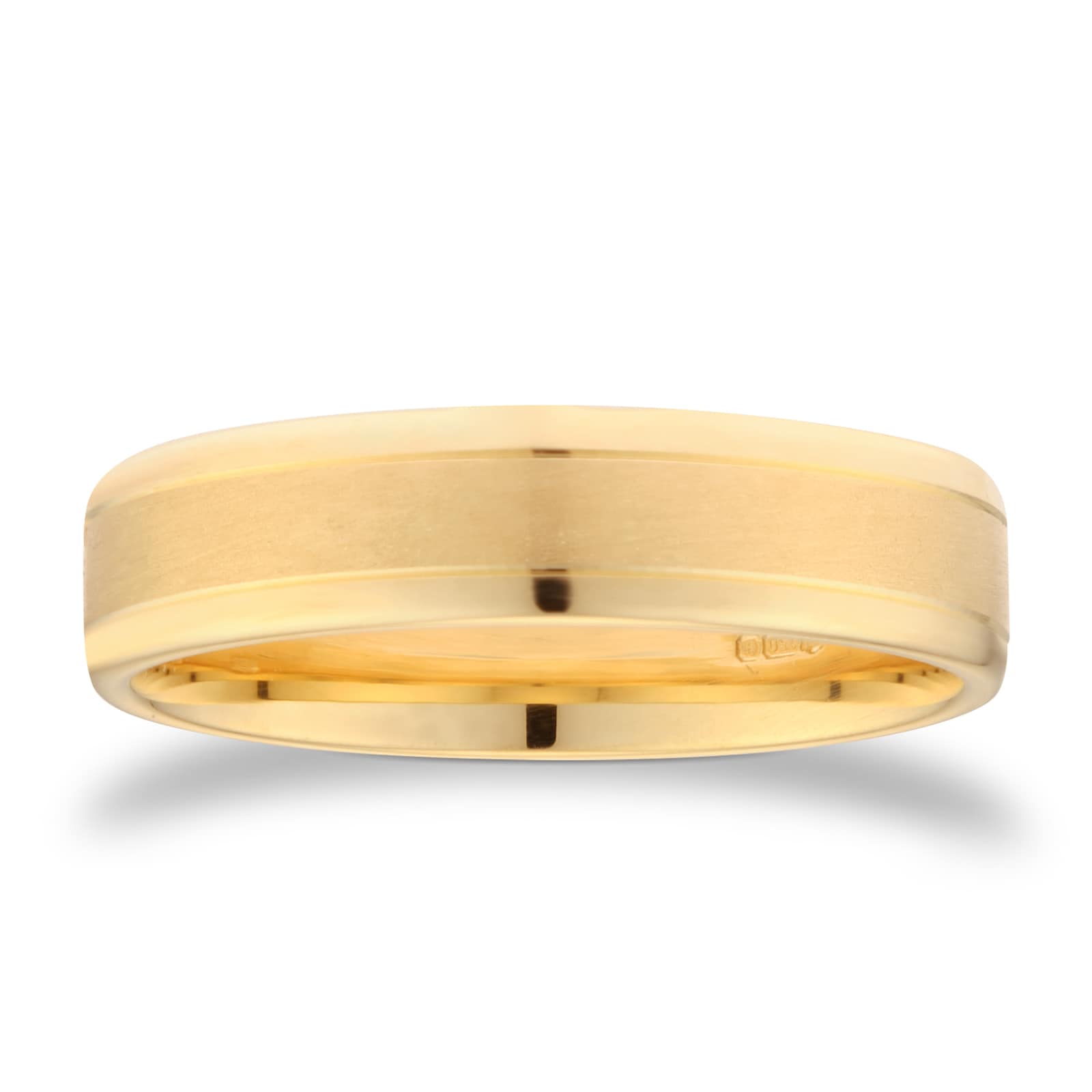 Goldsmiths 5mm Slight Court Standard Matt Centre With Grooves Wedding Ring In 18 Carat Yellow Gold