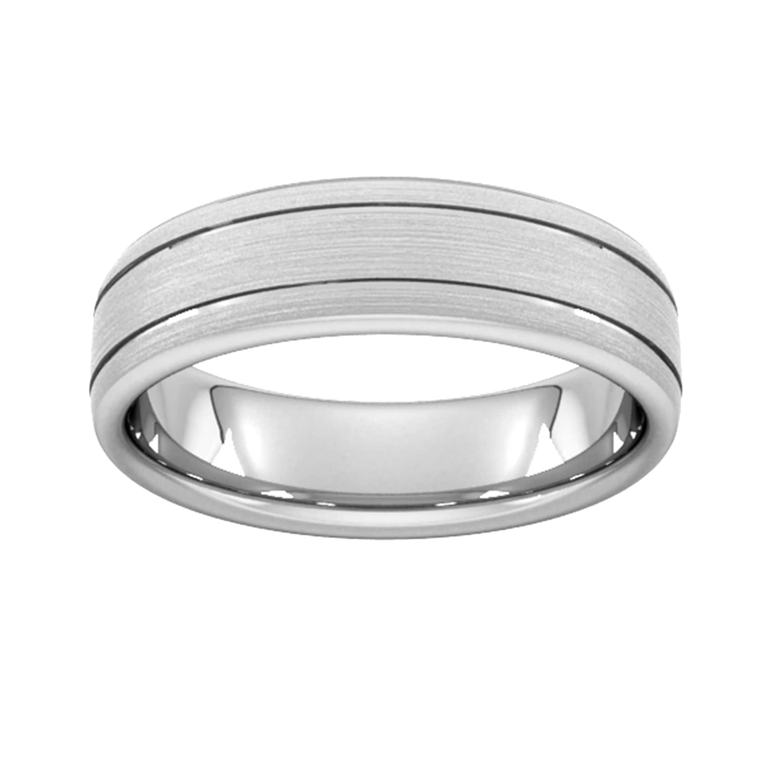 6mm Slight Court Standard Matt Finish With Double Grooves Wedding Ring In 9 Carat White Gold - Ring Size O