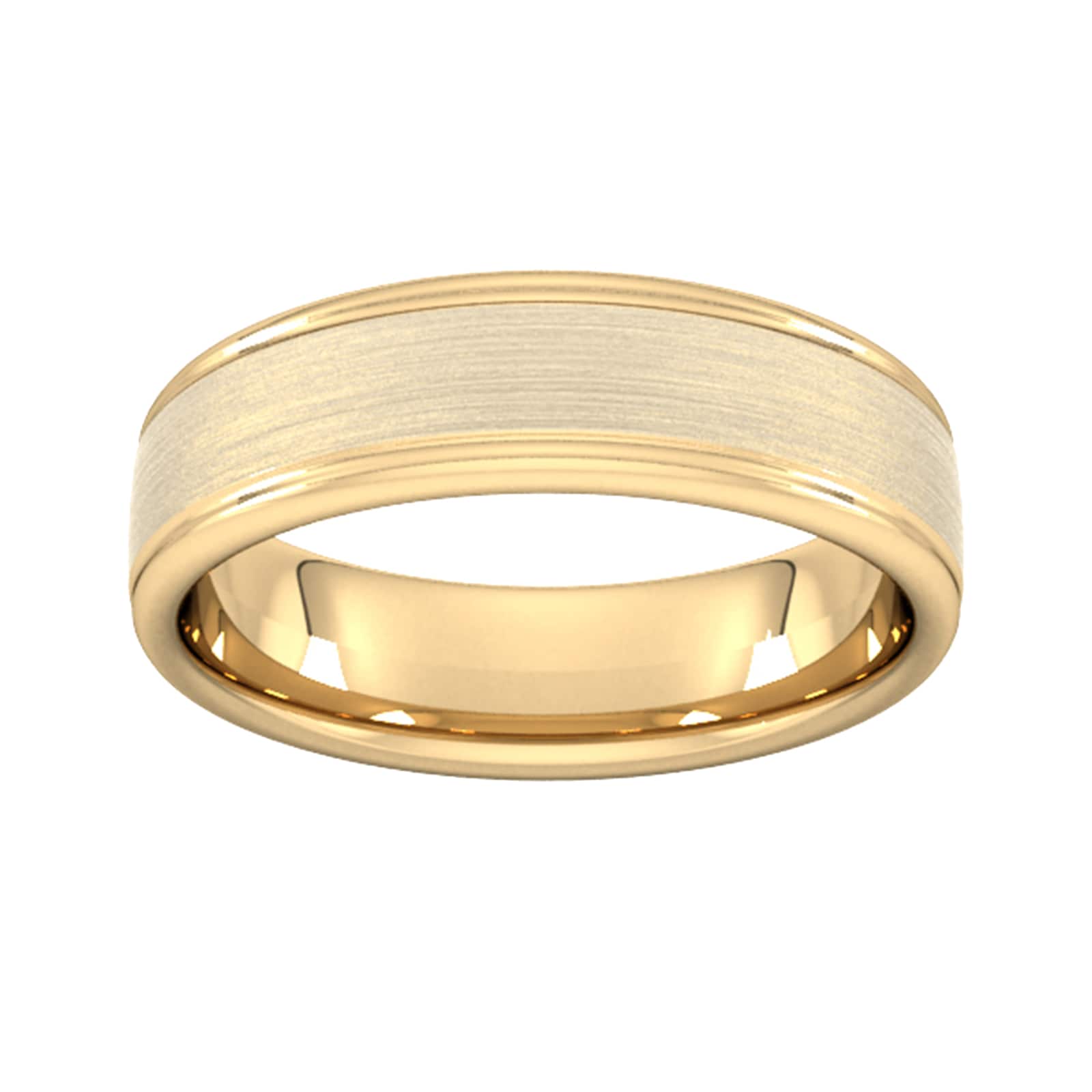 Goldsmiths 6mm Slight Court Standard Matt Centre With Grooves Wedding Ring In 18 Carat Yellow Gold Goldsmiths 6mm Slight Court Standard Matt Centre With Grooves Wedding Ring In 18 Carat Yellow Gold