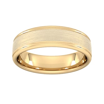 Goldsmiths 6mm Slight Court Standard Matt Centre With Grooves Wedding Ring In 18 Carat Yellow Gold Goldsmiths 6mm Slight Court Standard Matt Centre With Grooves Wedding Ring In 18 Carat Yellow Gold