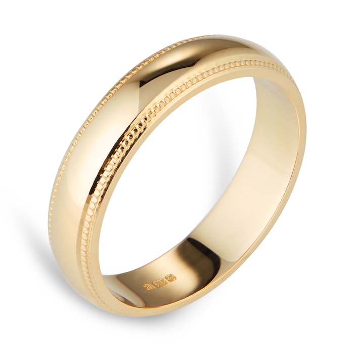 Goldsmiths 4mm D Shape Standard Milgrain Edge Wedding Ring In 9 Carat Yellow Gold