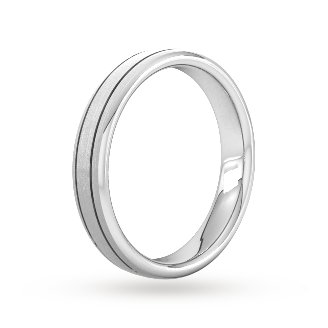 Goldsmiths 4mm D Shape Standard Matt Finish With Double Grooves Wedding Ring In 18 Carat White Gold Goldsmiths 4mm D Shape Standard Matt Finish With Double Grooves Wedding Ring In 18 Carat White Gold