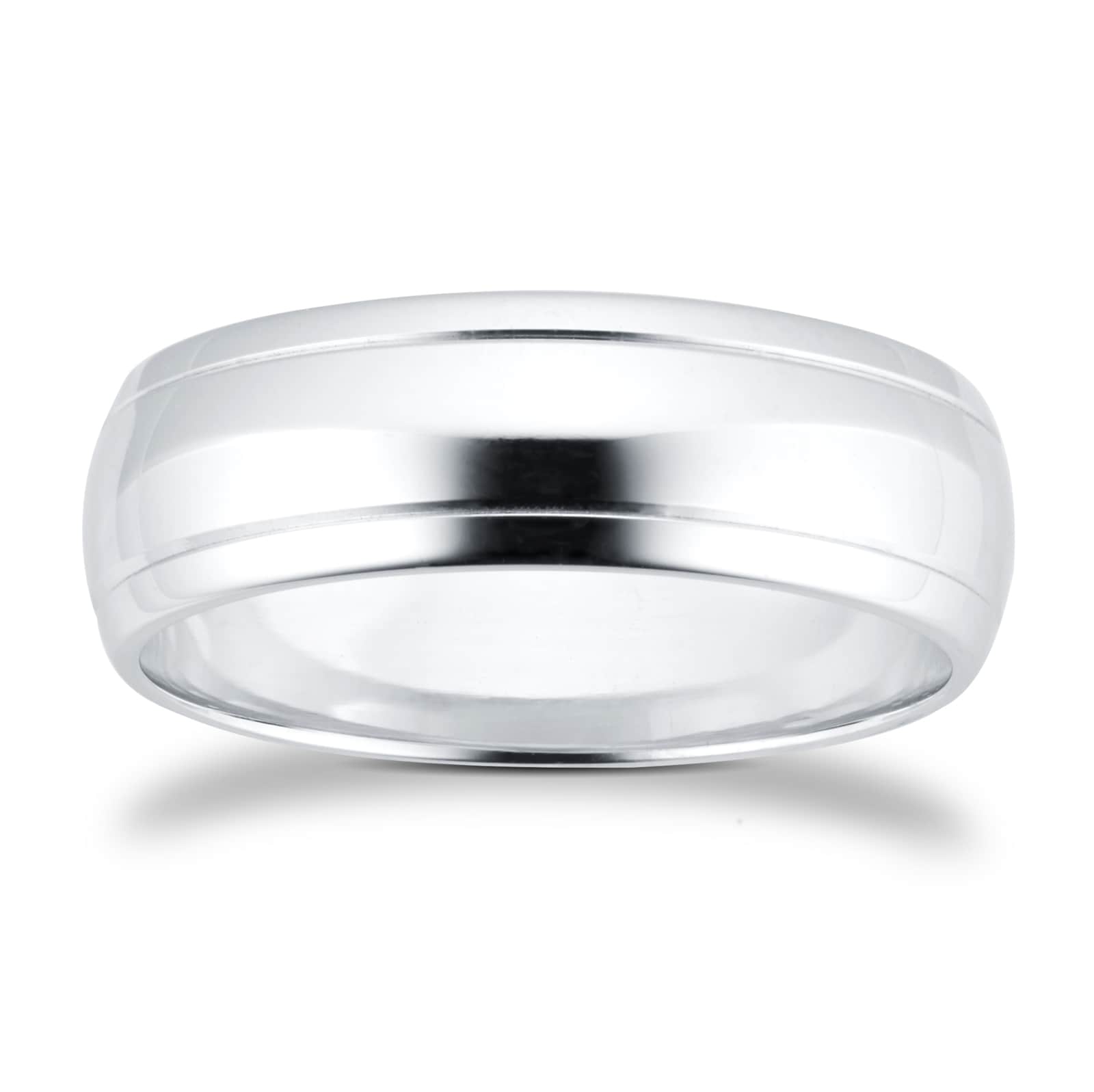 Goldsmiths 6mm D Shape Standard Polished Finish With Grooves Wedding Ring In 9 Carat White Gold Goldsmiths 6mm D Shape Standard Polished Finish With Grooves Wedding Ring In 9 Carat White Gold