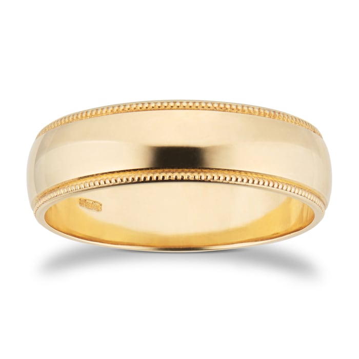 Goldsmiths 6mm D Shape Standard Milgrain Edge Wedding Ring In 18 Carat Yellow Gold