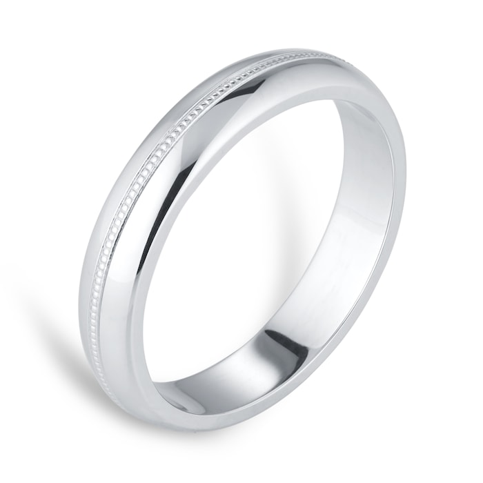 Goldsmiths 4mm D Shape Heavy Milgrain Centre Wedding Ring In 9 Carat White Gold