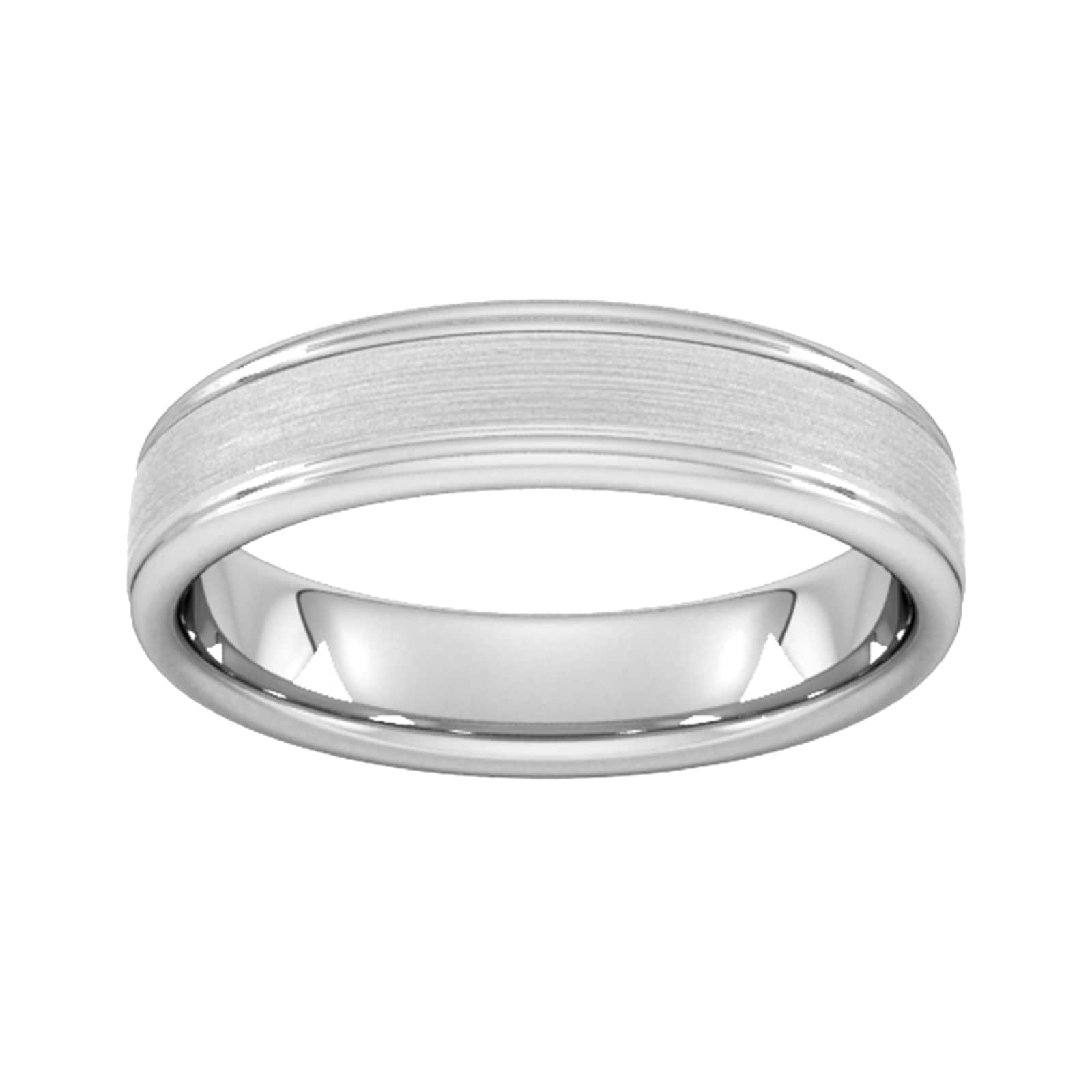 5mm D Shape Heavy Matt Centre With Grooves Wedding Ring In 18 Carat White Gold - Ring Size P