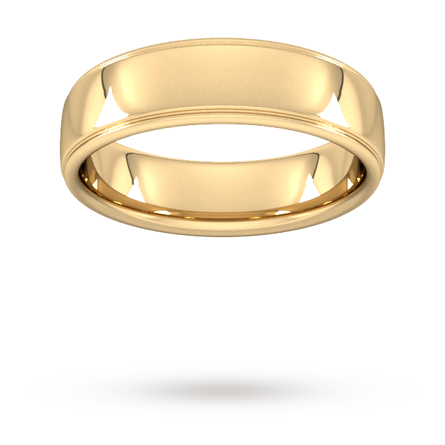 Goldsmiths 6mm D Shape Heavy Polished Finish With Grooves Wedding Ring In 18 Carat Yellow Gold