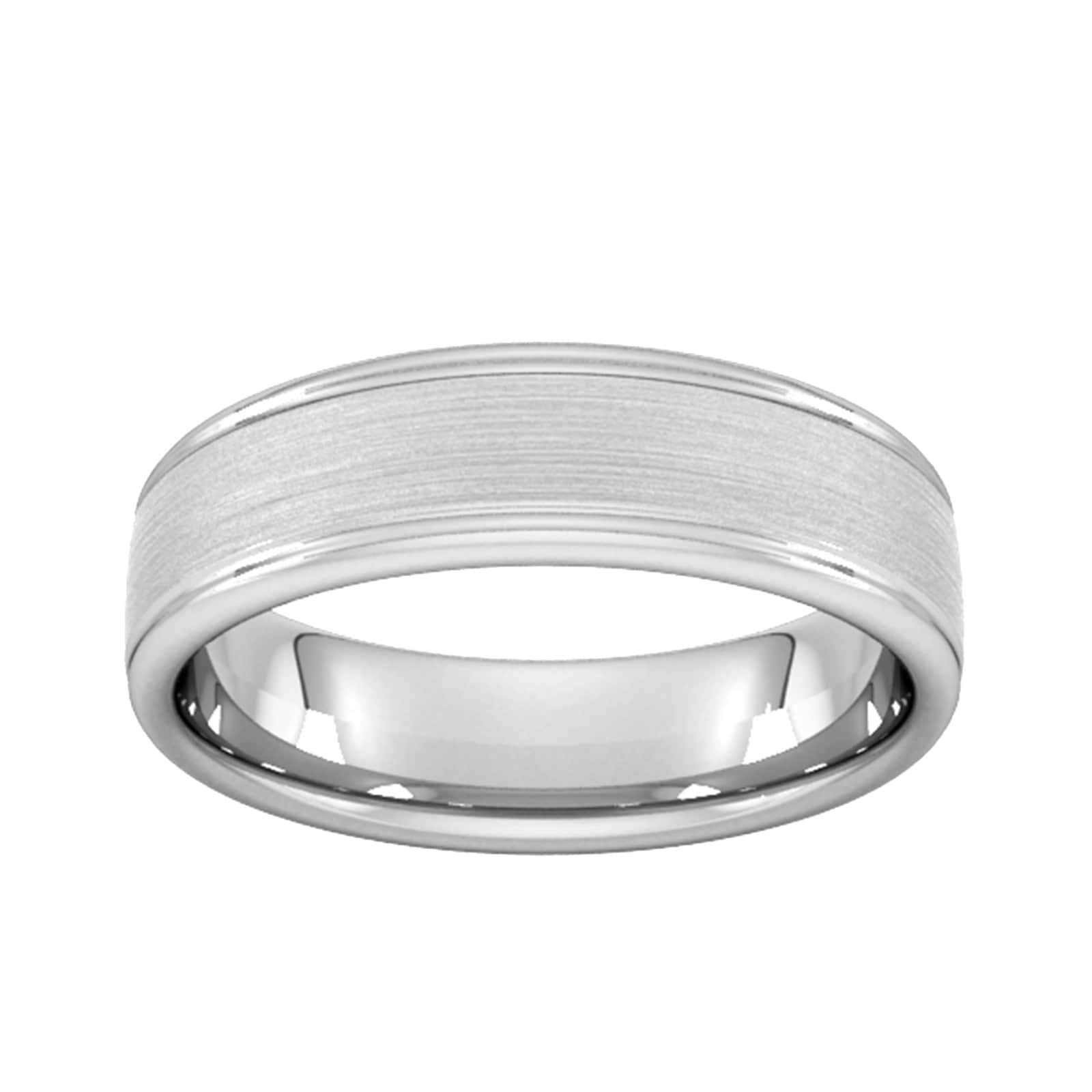 6mm D Shape Heavy Matt Centre With Grooves Wedding Ring In 9 Carat White Gold - Ring Size V
