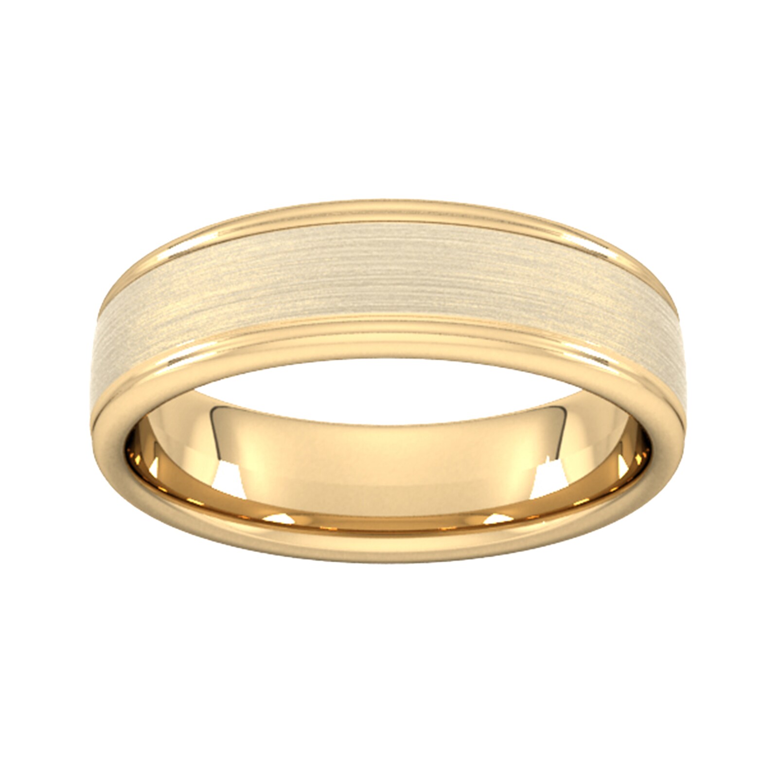 6mm D Shape Heavy Matt Centre With Grooves Wedding Ring In 9 Carat Yellow Gold - Ring Size I