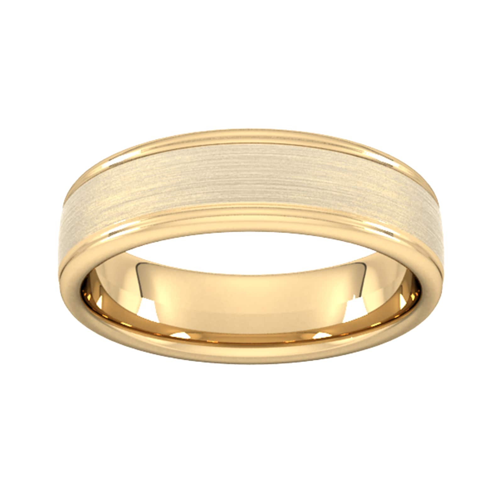Goldsmiths 6mm D Shape Heavy Matt Centre With Grooves Wedding Ring In 18 Carat Yellow Gold - Ring Size O Goldsmiths 6mm D Shape Heavy Matt Centre With Grooves Wedding Ring In 18 Carat Yellow Gold - Ring Size O