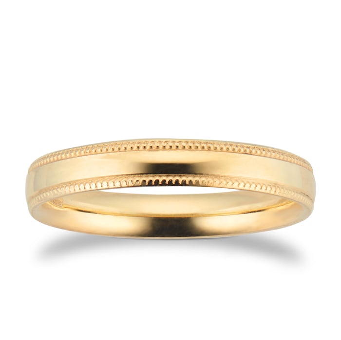 Goldsmiths 3mm Traditional Court Standard Milgrain Edge Wedding Ring In 18 Carat Yellow Gold - Ring Size K