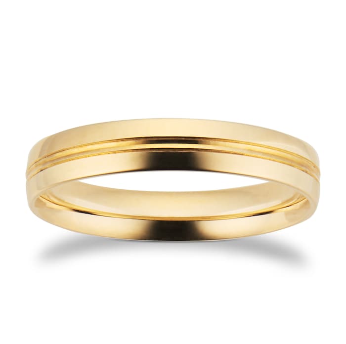 Goldsmiths 4mm Traditional Court Standard Grooved Polished Finish Wedding Ring In 9 Carat Yellow Gold - Ring Size R