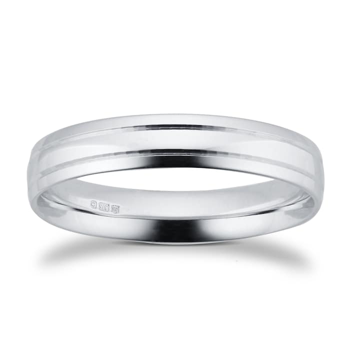 Goldsmiths 4mm Traditional Court Standard Polished Finish With Grooves Wedding Ring In 9 Carat White Gold