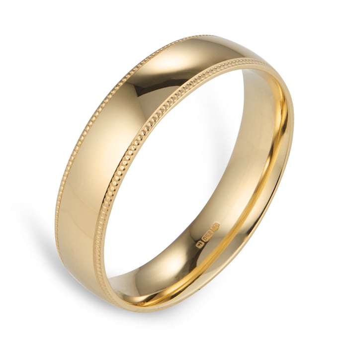 Goldsmiths 5mm Traditional Court Standard Milgrain Edge Wedding Ring In 18 Carat Yellow Gold