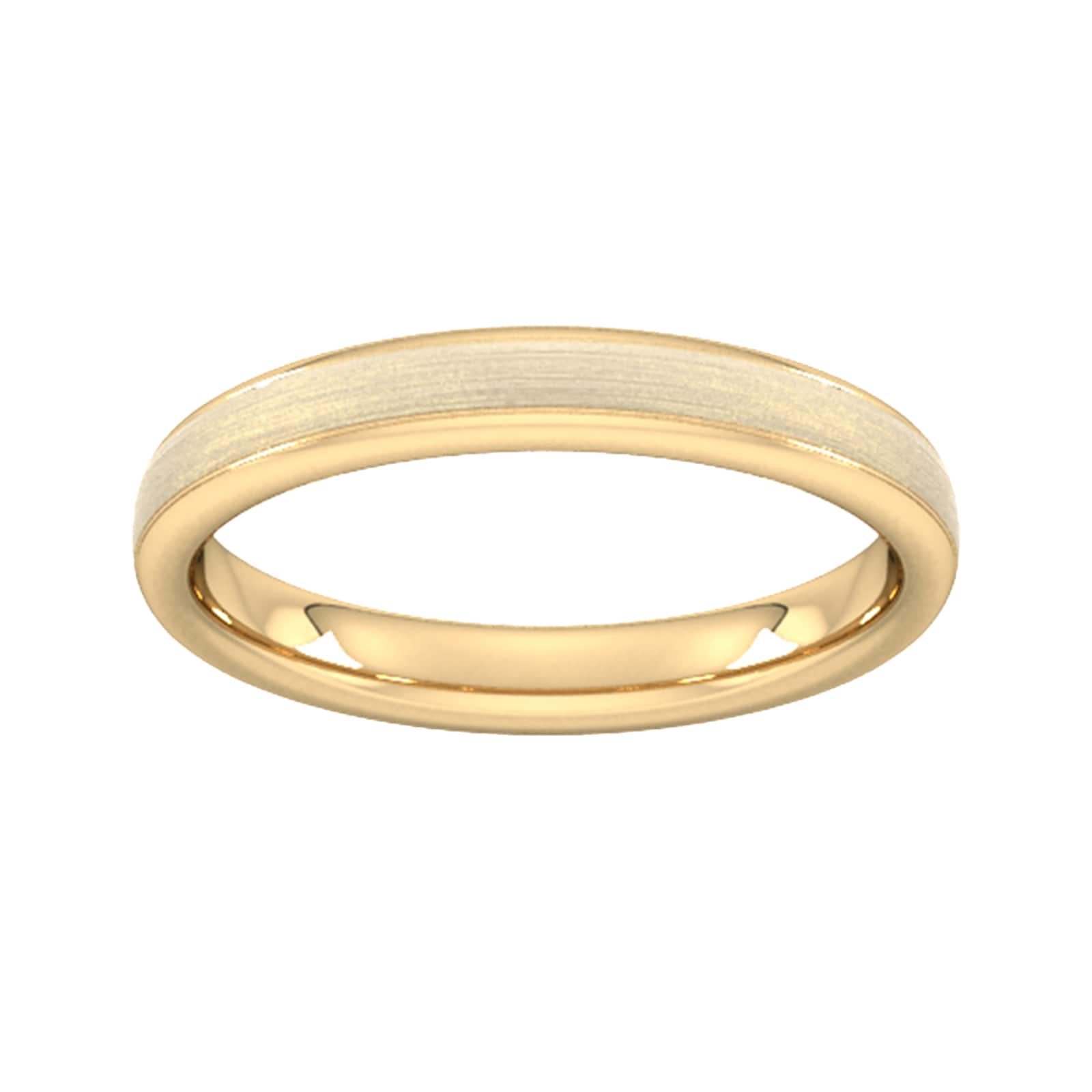 3mm Flat Court Heavy Matt Centre With Grooves Wedding Ring In 18 Carat Yellow Gold - Ring Size M