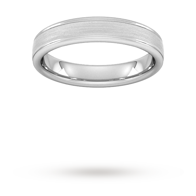 Goldsmiths 4mm Flat Court Heavy Matt Centre With Grooves Wedding Ring In 9 Carat White Gold