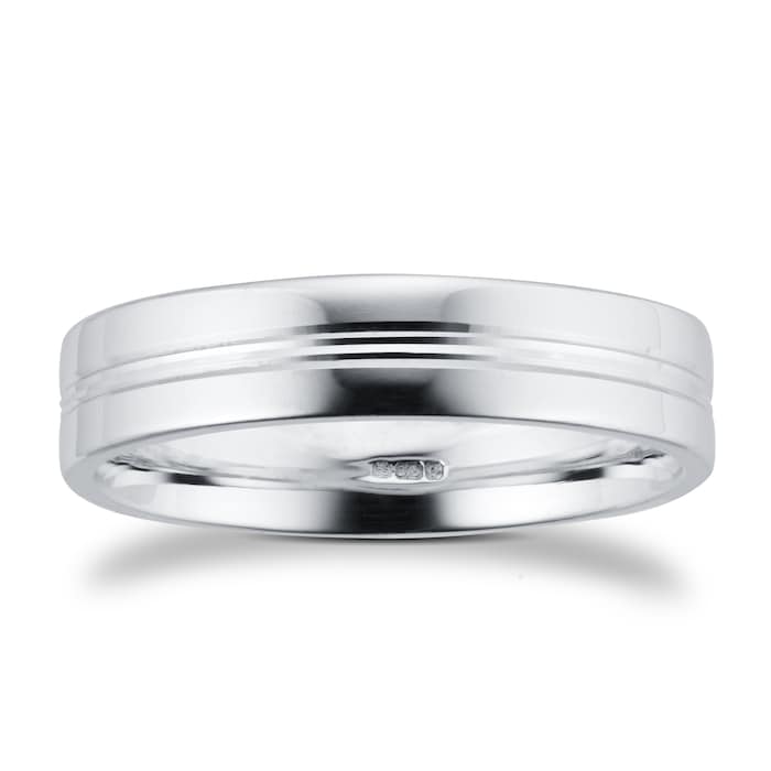 Goldsmiths 5mm Flat Court Heavy Grooved Polished Finish Wedding Ring In 9 Carat White Gold