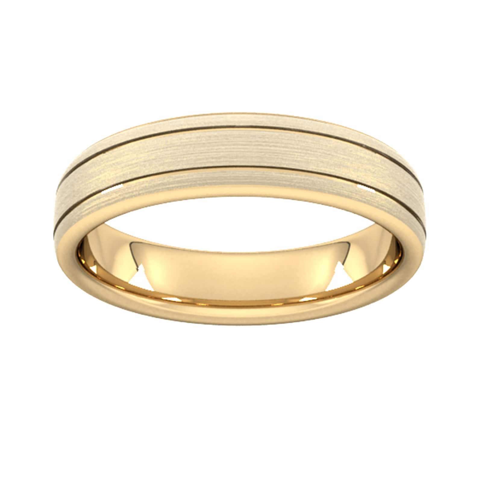 5mm Flat Court Heavy Matt Finish With Double Grooves Wedding Ring In 9 Carat Yellow Gold - Ring Size M