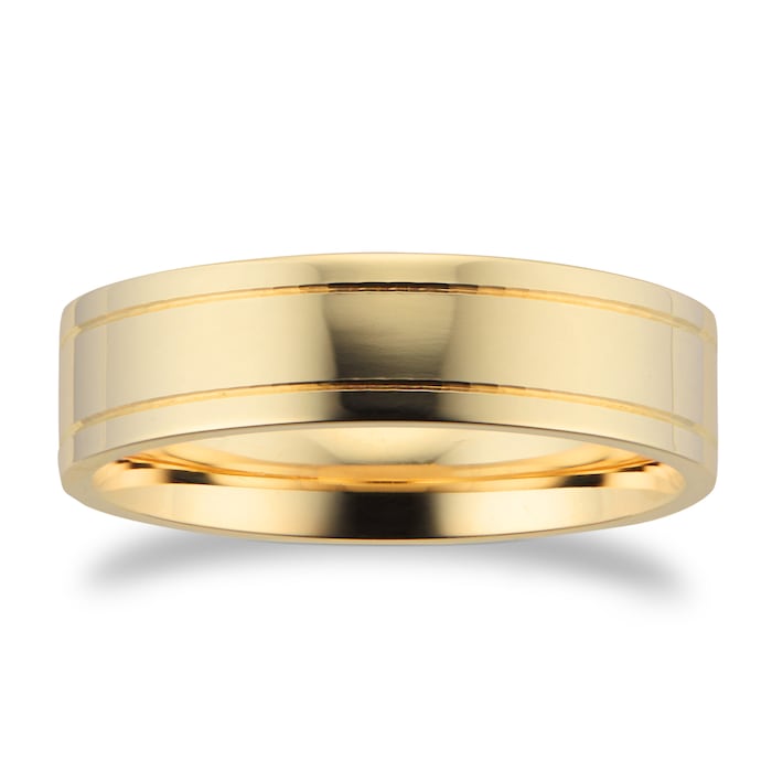 Goldsmiths 6mm Flat Court Heavy Polished Finish With Grooves Wedding Ring In 9 Carat Yellow Gold