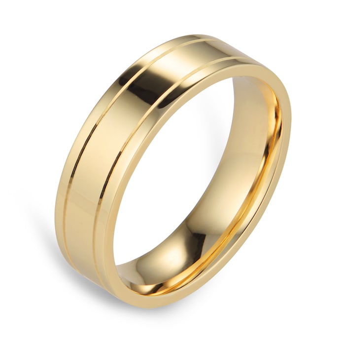 Goldsmiths 6mm Flat Court Heavy Polished Finish With Grooves Wedding Ring In 9 Carat Yellow Gold