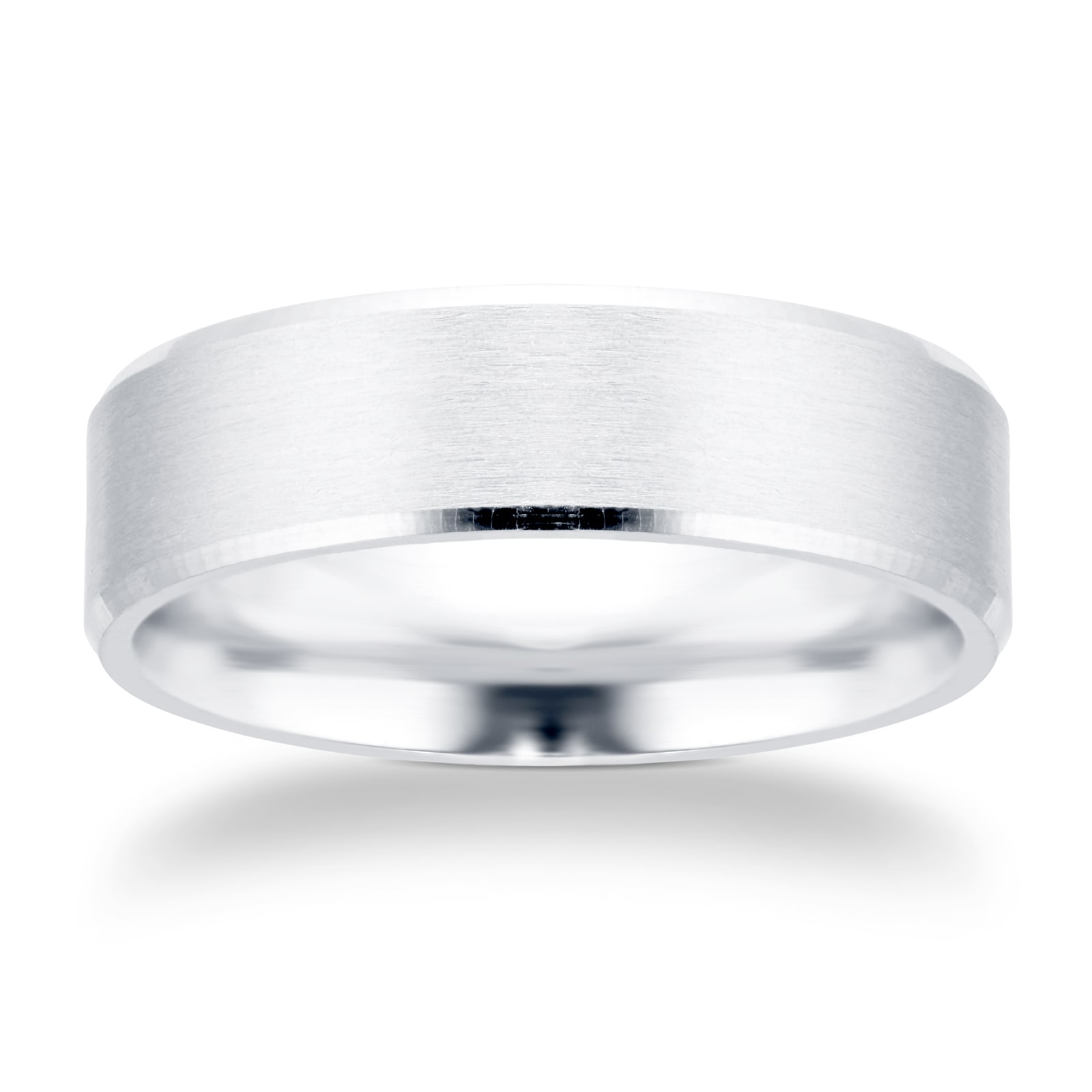 Goldsmiths 6mm Flat Court Heavy Polished Chamfered Edges With Matt Centre Wedding Ring In 9 Carat White Gold Goldsmiths 6mm Flat Court Heavy Polished Chamfered Edges With Matt Centre Wedding Ring In 9 Carat White Gold