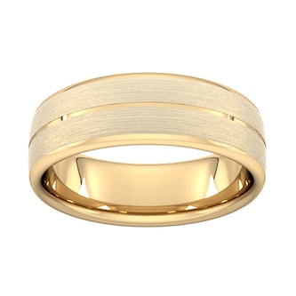 Goldsmiths 7mm Flat Court Heavy Centre Groove With Chamfered Edge Wedding Ring In 9 Carat Yellow Gold