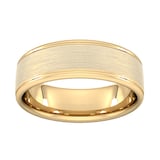 Goldsmiths 7mm Flat Court Heavy Matt Centre With Grooves Wedding Ring In 9 Carat Yellow Gold