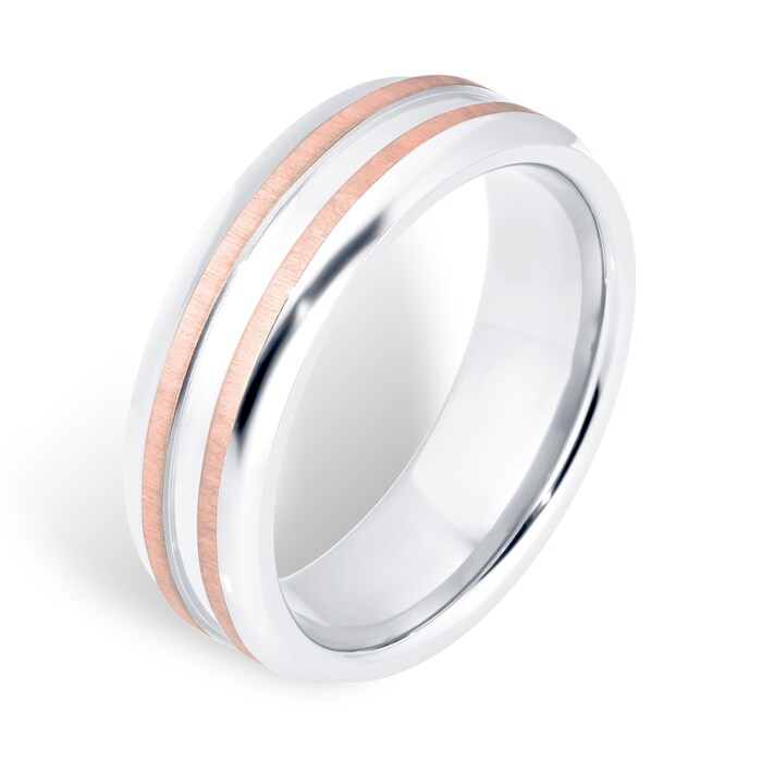 Goldsmiths 7mm Gents Titanium Wedding Ring With 9 Carat Rose Gold Lines