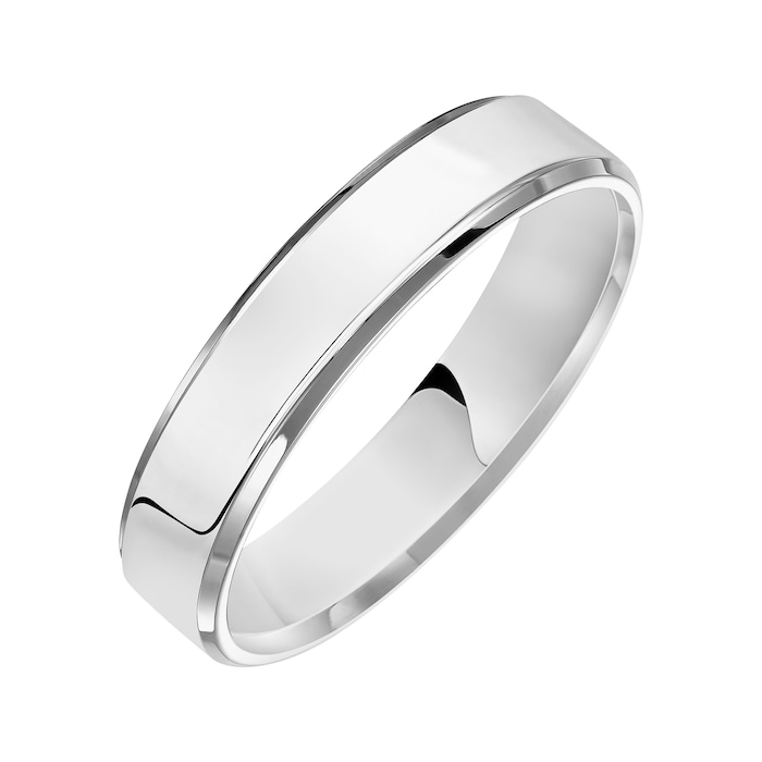 Mayors 18k White Gold 5mm Flat Beveled Edge Court Wedding Band - Ring Size 8