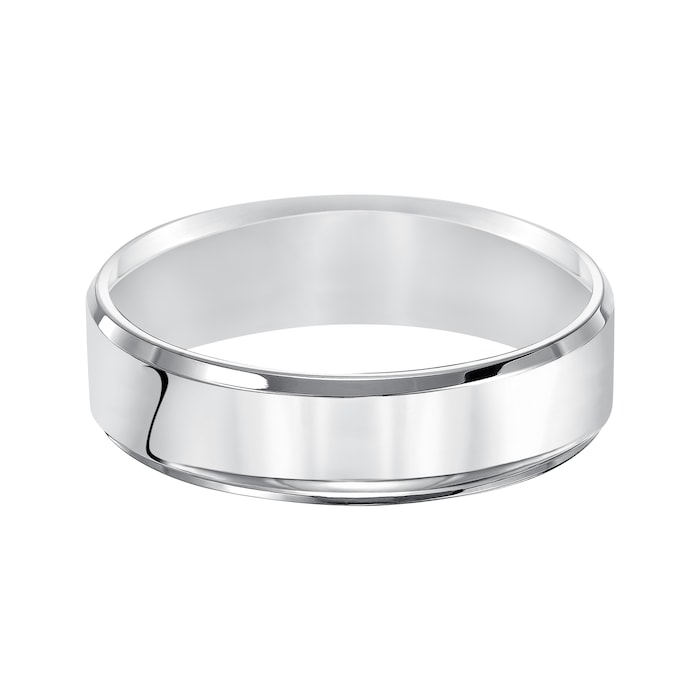 Mayors 18k White Gold 6mm Flat Beveled Edge Court Wedding Band - Ring Size 8