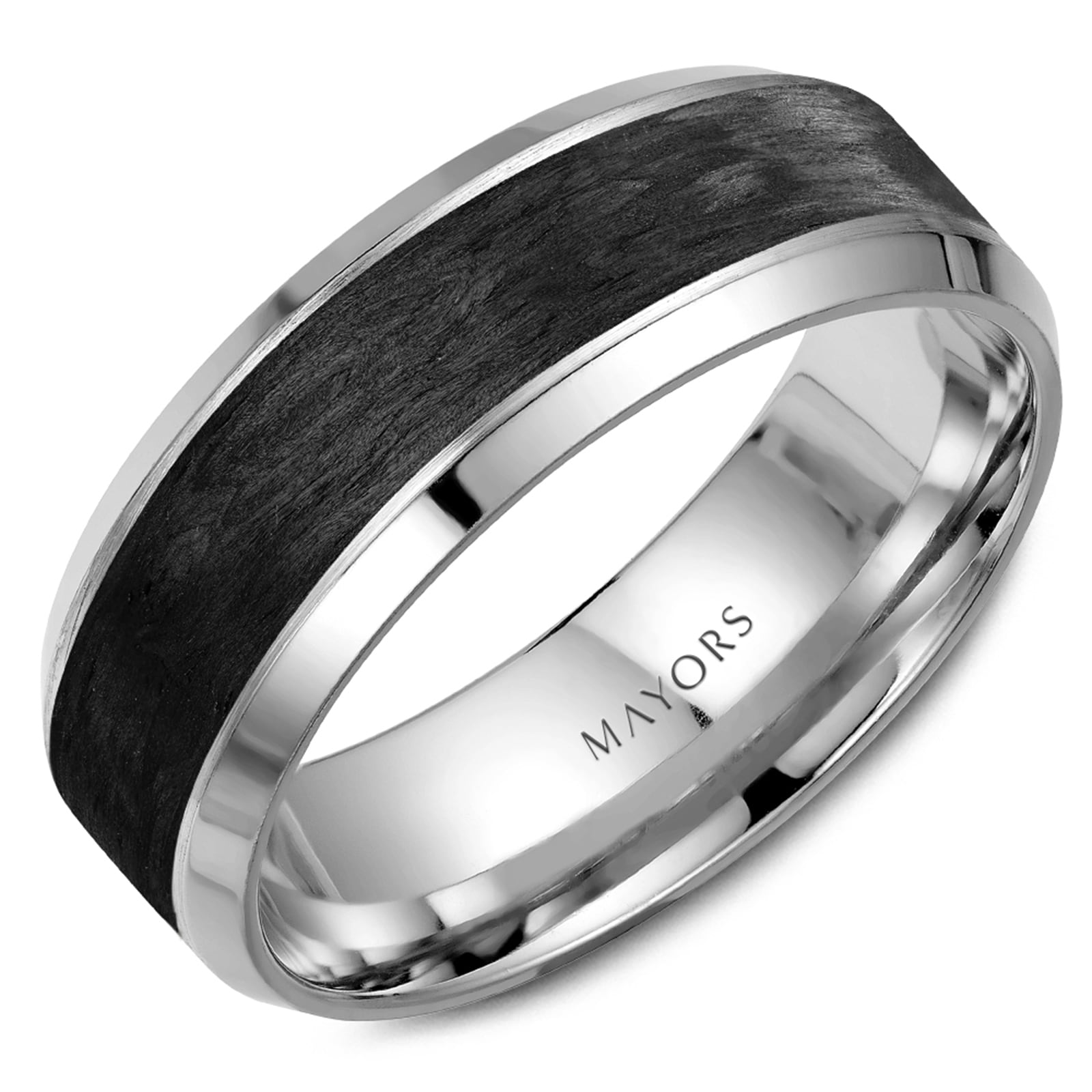 MAYORS 18k White Gold and Carbon Fibre 7.5mm Carved Band Size 10 MAYORS 18k White Gold and Carbon Fibre 7.5mm Carved Band Size 10