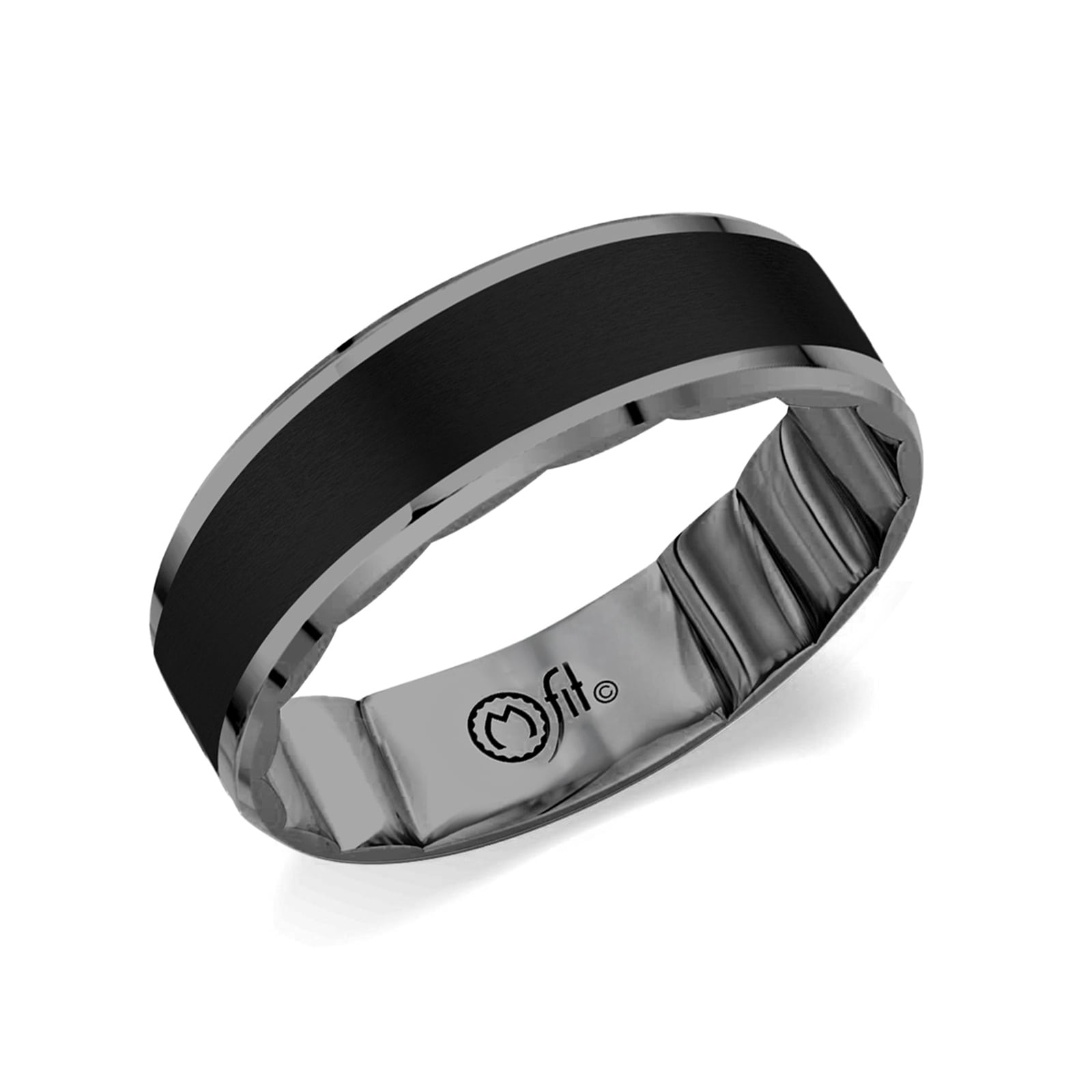 Platinum & Black Ceramic Mens 6.5mm Carved Wedding Band - Ring Size 10