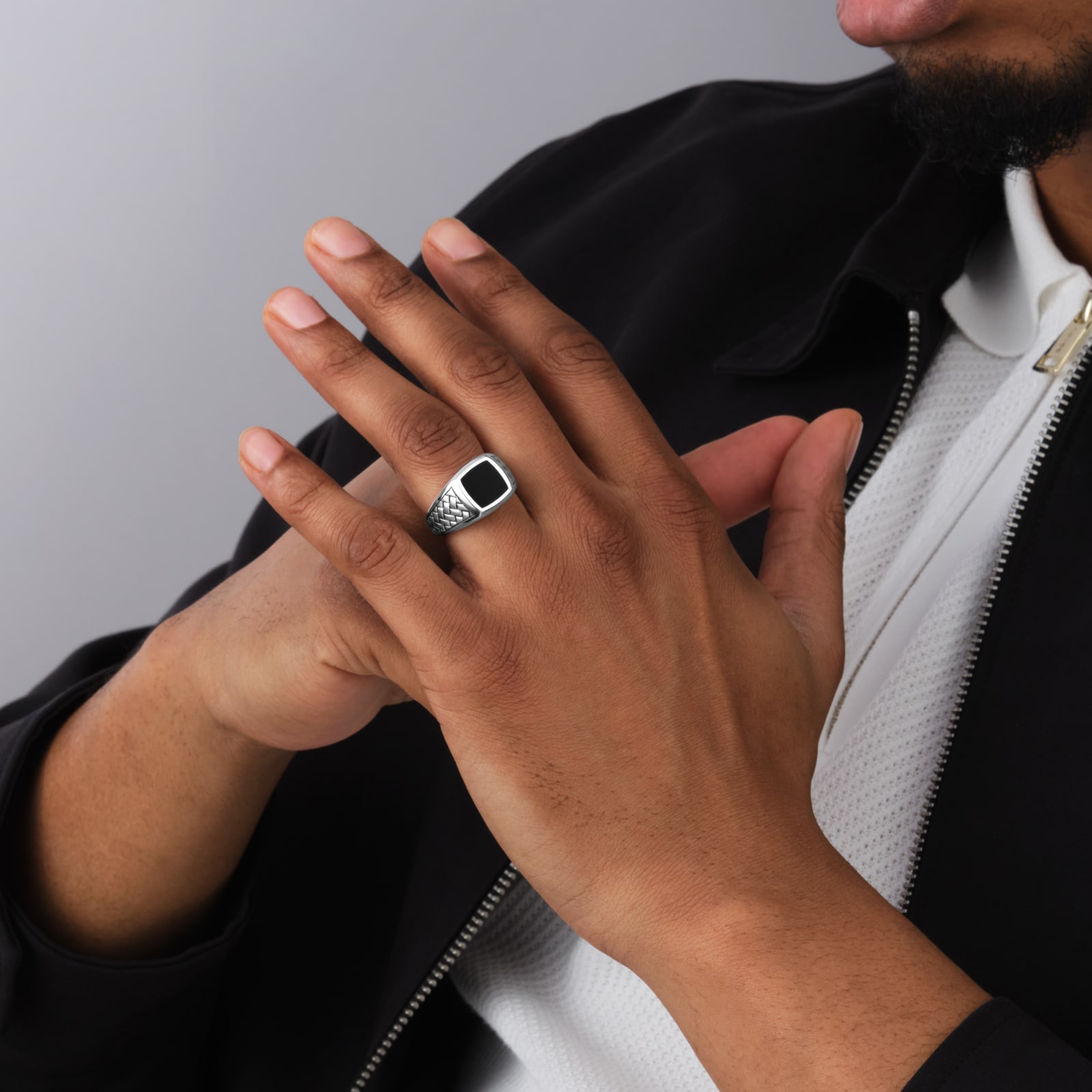 Mappin & Webb Sterling Silver Onyx Herringbone Ring Mappin & Webb Sterling Silver Onyx Herringbone Ring