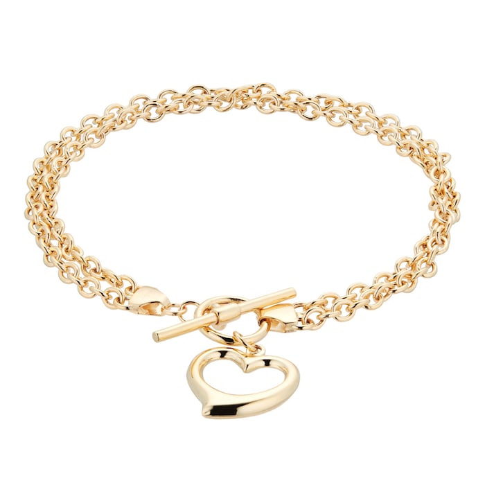 Goldsmiths 9 Carat Yellow Gold Heart T Bar 2-Strand Belcher Bracelet 7.5 Inch