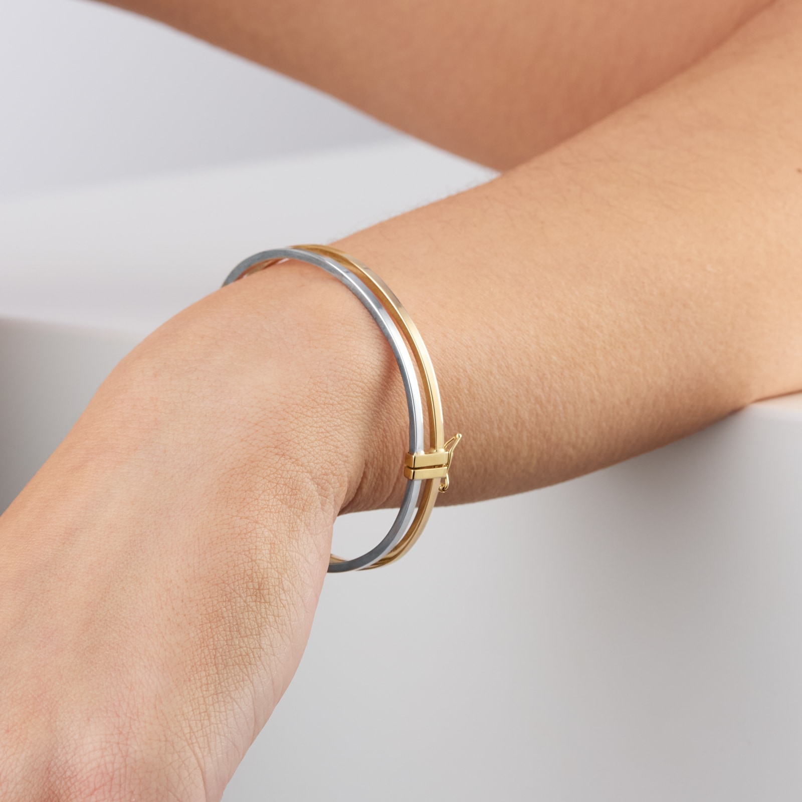 Goldsmiths 9ct Yellow and White Gold Double Square Tube Bangle