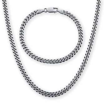 Goldsmiths Silver Mens Oxidised Curb Necklace & Bracelet Set