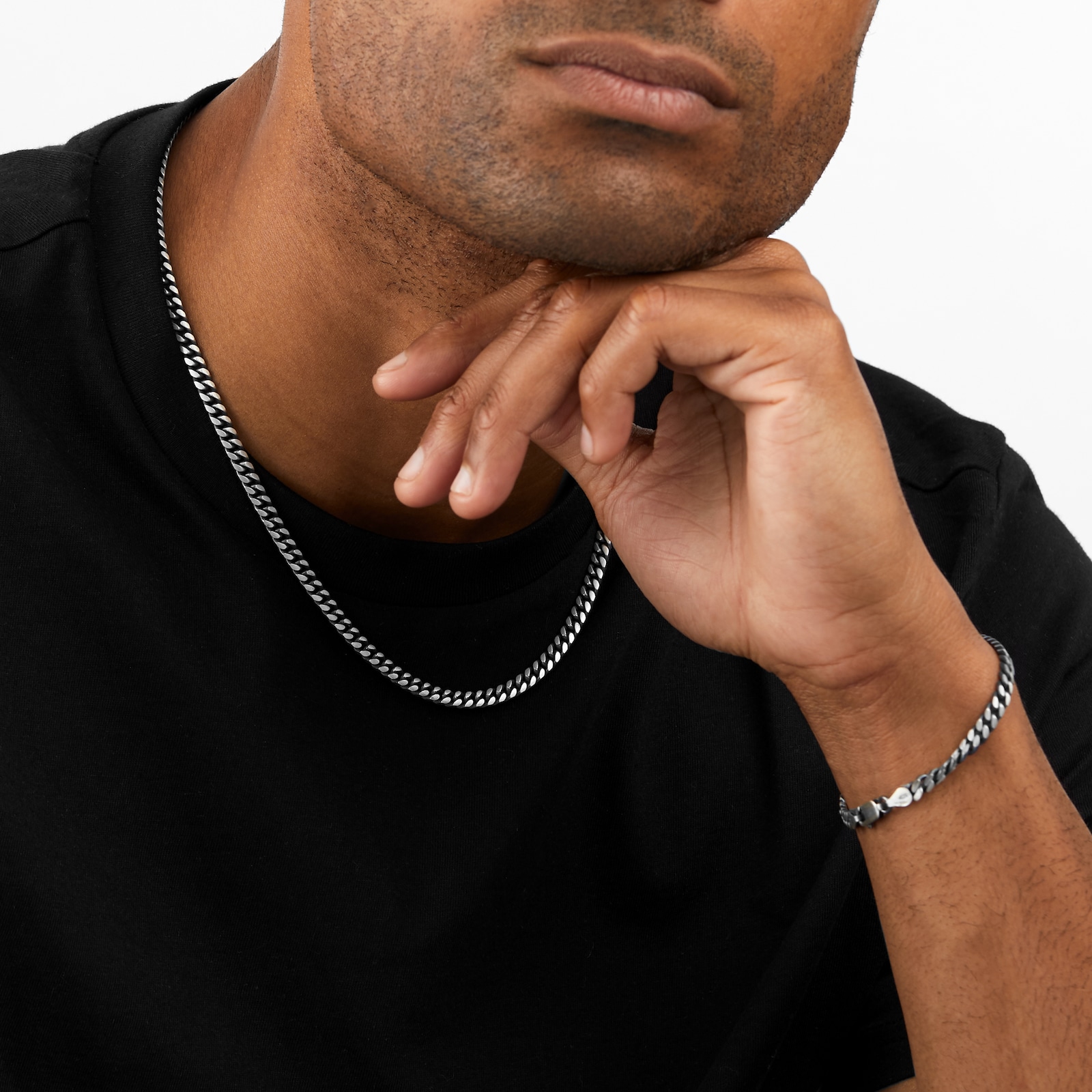 Goldsmiths Silver Mens Oxidised Curb Necklace & Bracelet Set