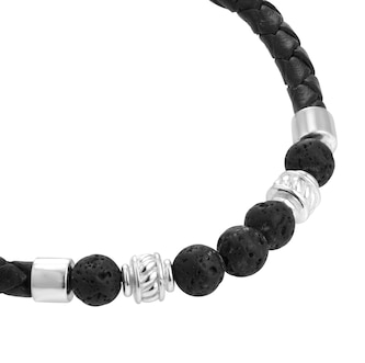 Goldsmiths Sterling Silver Black and Silver Bead Black Leather Bracelet
