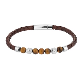 Goldsmiths Sterling Silver Tigers Eye and Silver Bead Brown Leather Bracelet Goldsmiths Sterling Silver Tigers Eye and Silver Bead Brown Leather Bracelet