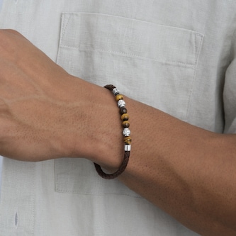 Goldsmiths Sterling Silver Tigers Eye and Silver Bead Brown Leather Bracelet Goldsmiths Sterling Silver Tigers Eye and Silver Bead Brown Leather Bracelet