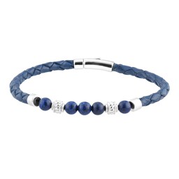 11250014 - Sterling Silver Blue Tigers Eye and Silver Bead Blue Leather Bracelet