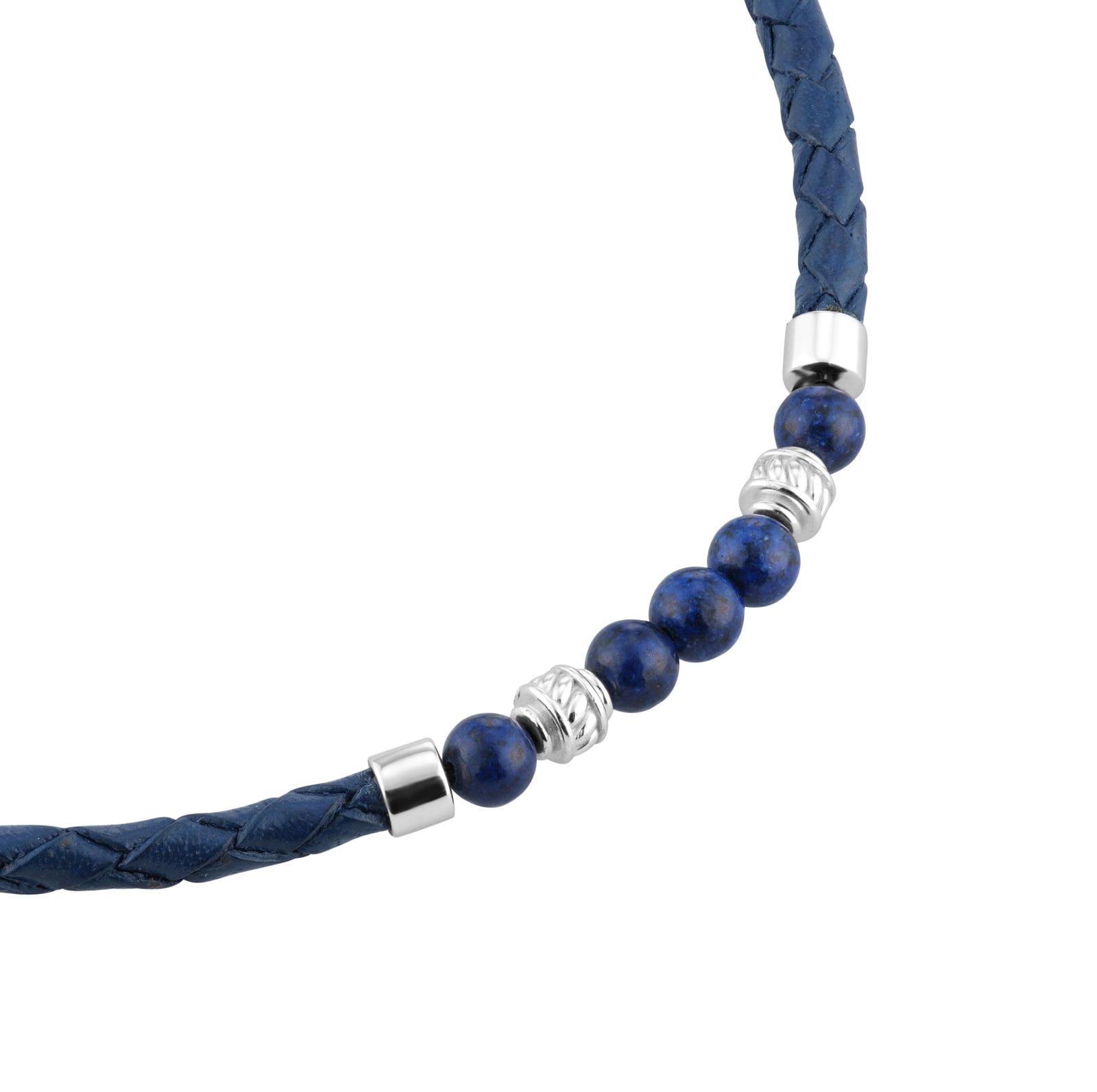 Goldsmiths Sterling Silver Blue Tigers Eye and Silver Bead Blue Leather Bracelet