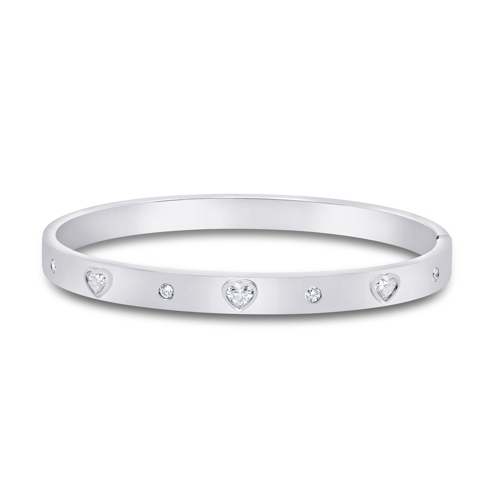 18K White Gold 0.14cttw Round Cut & 0.54cttw Heart Cut Diamond Station Bangle