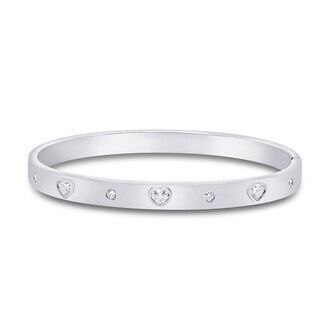 Mayors 18K White Gold 0.14cttw Round Cut & 0.54cttw Heart Cut Diamond Station Bangle