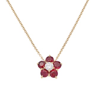 Uneek 18k Yellow Gold 1.75cttw Ruby and 0.25cttw Diamond Cluster Astra Pendant Uneek 18k Yellow Gold 1.75cttw Ruby and 0.25cttw Diamond Cluster Astra Pendant