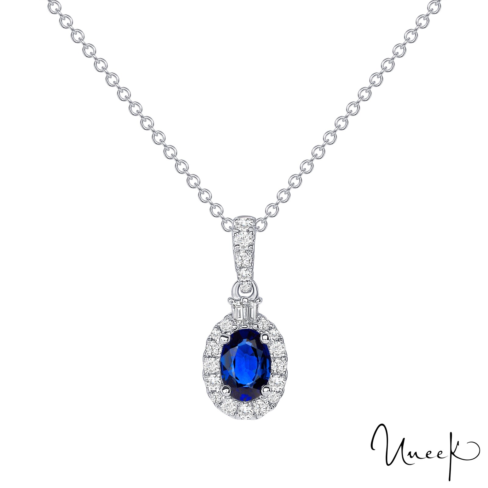 Uneek 18k White Gold 0.62cttw Sapphire and 0.18cttw Diamond Cluster Pendant