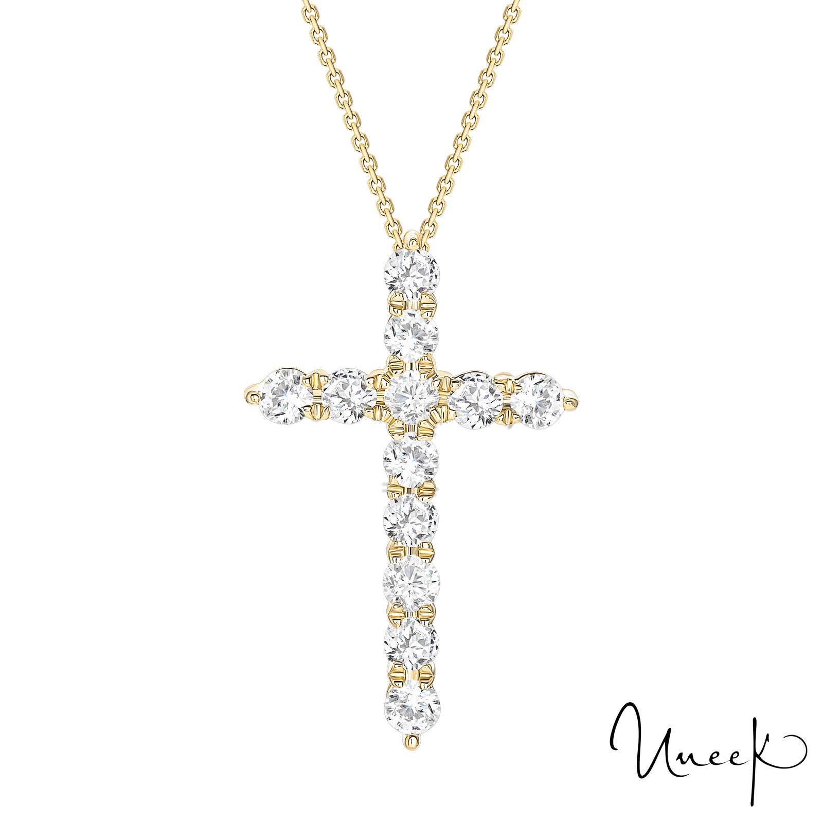 Uneek 18k Yellow Gold Diamond Cross Pendant 17"