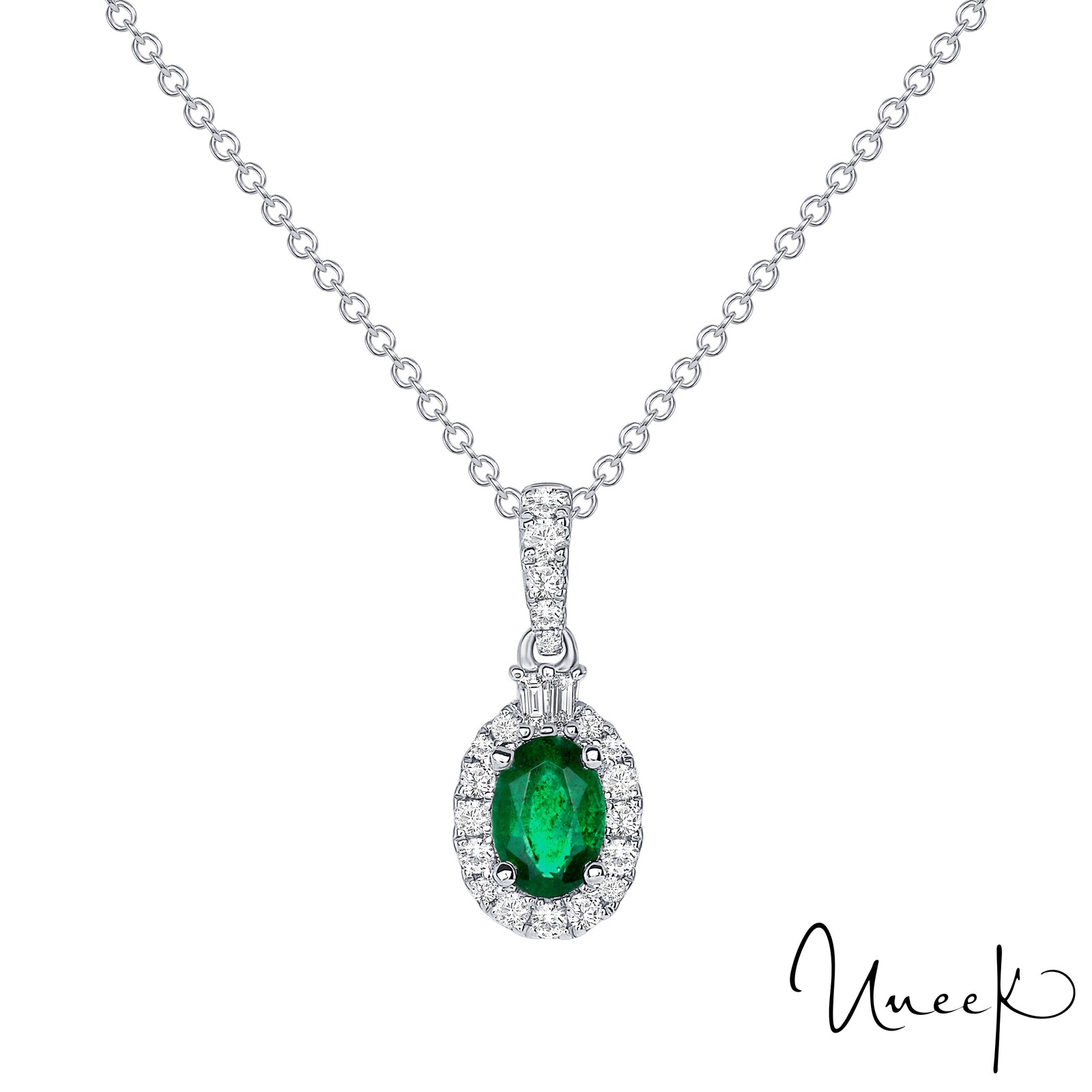 Uneek 18k White Gold 0.42cttw Emerald and 0.18cttw Diamond Cluster Pendant 18"