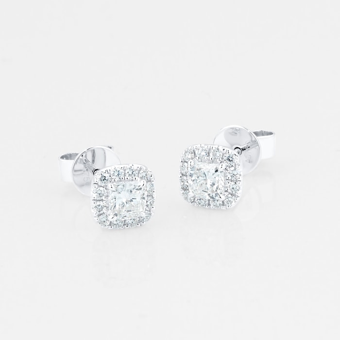 Mayors 18k White Gold 0.75ct Cushion Single Halo Earrings