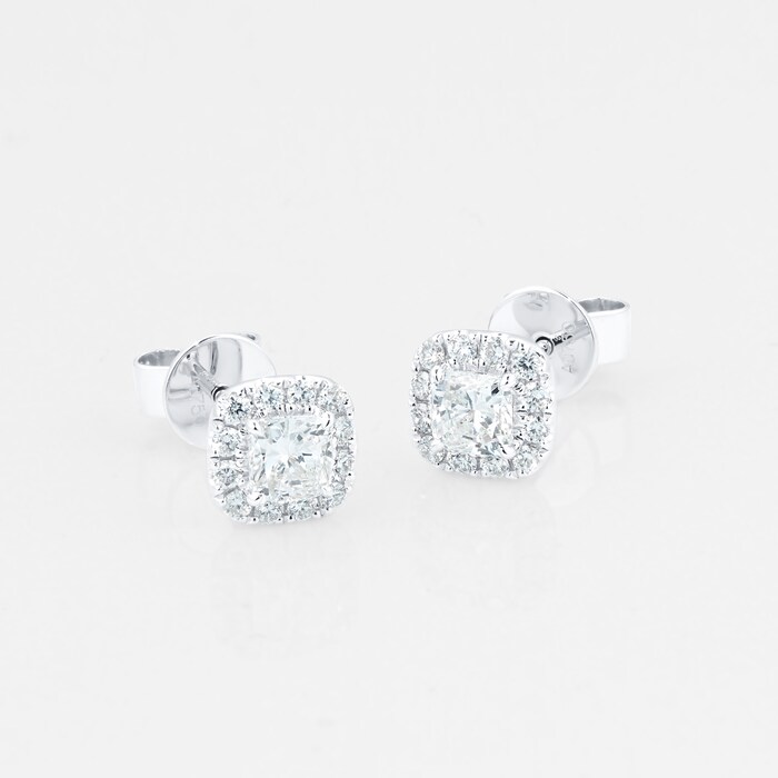 Mayors 18k White Gold 0.73ct Cushion Single Halo Earrings